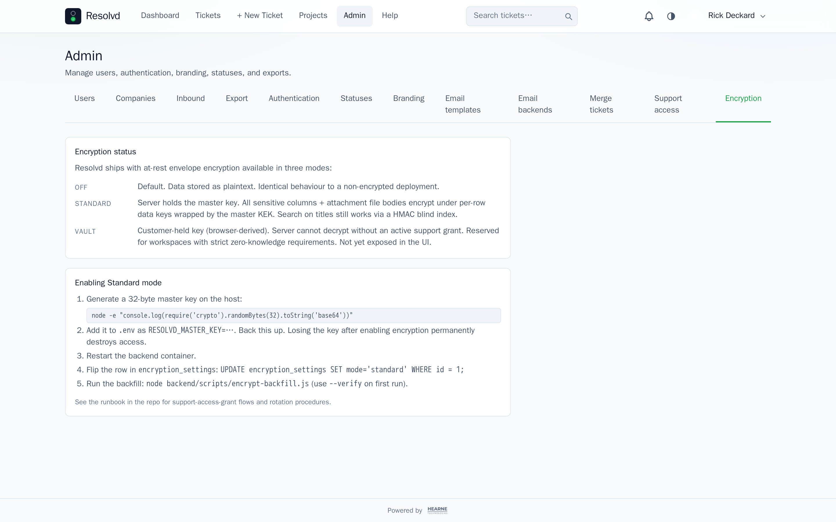 Admin → Encryption settings page describing the three modes (off / standard / vault) and the runbook to enable Standard mode.