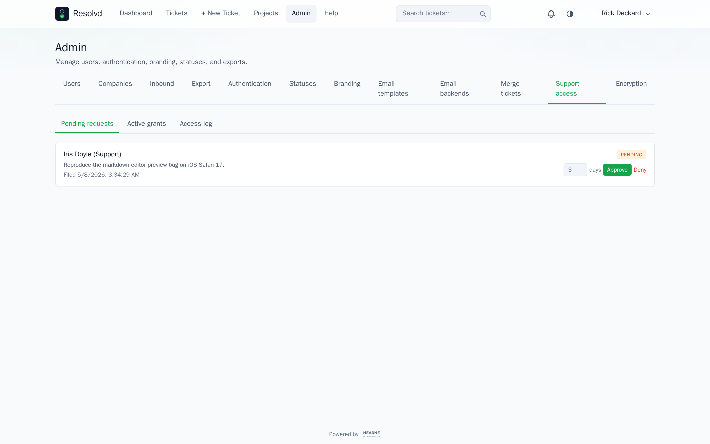 Admin → Support access, Active grants tab. One ACTIVE grant for Iris Doyle (Support) with the request reason, approver, and expiry timestamp; Revoke now action on the right.