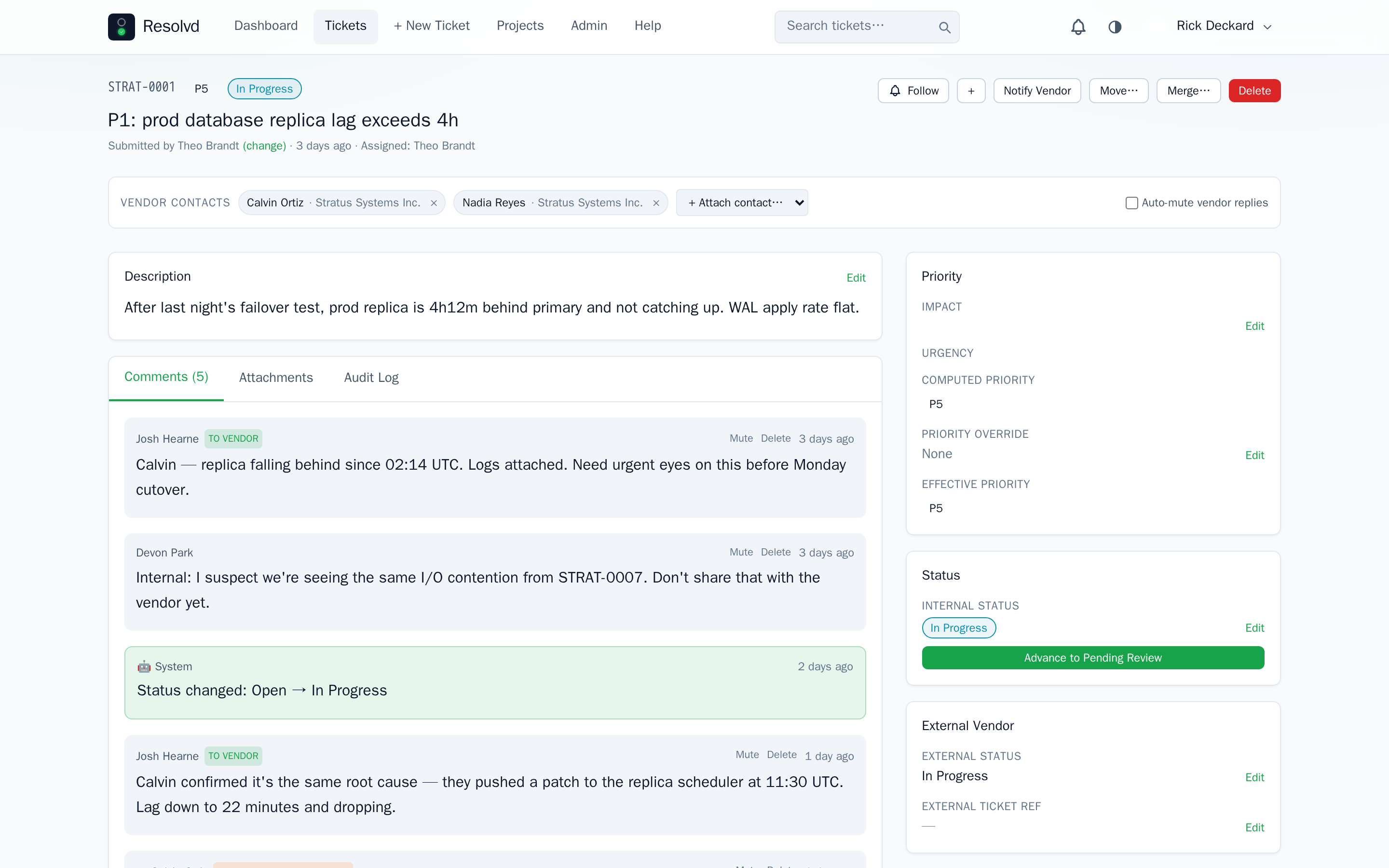 Ticket detail for STRAT-0001 — two attached vendor contacts (Calvin Ortiz, Nadia Reyes), the Notify Vendor button highlighted in the toolbar, and an internal-vs-vendor-visible comment thread below.