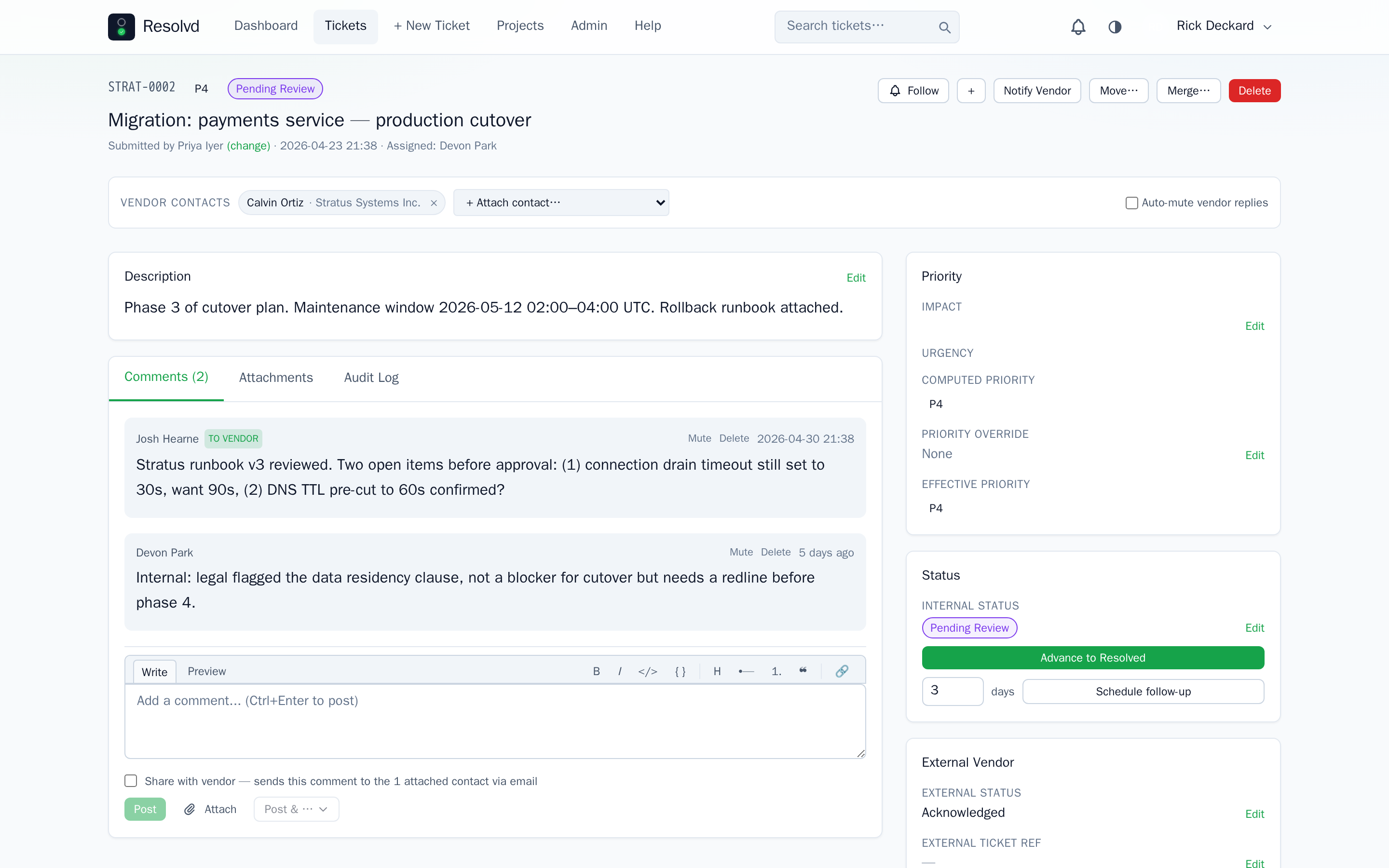 Ticket detail for STRAT-0002 with the admin toolbox visible — Submitted by Priya Iyer (change), Move / Merge / Delete actions, the markdown comment editor with Share-with-vendor toggle, and Schedule follow-up controls.