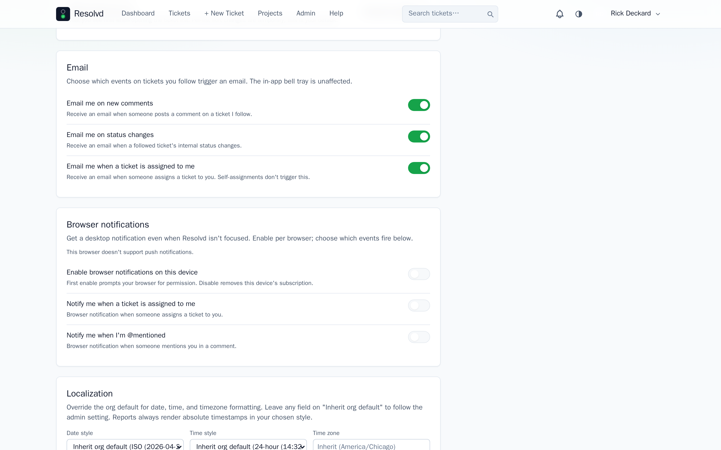 Account Settings → Preferences, Browser notifications section. Toggles for enabling per-device push, assignment notifications, and @mention notifications.