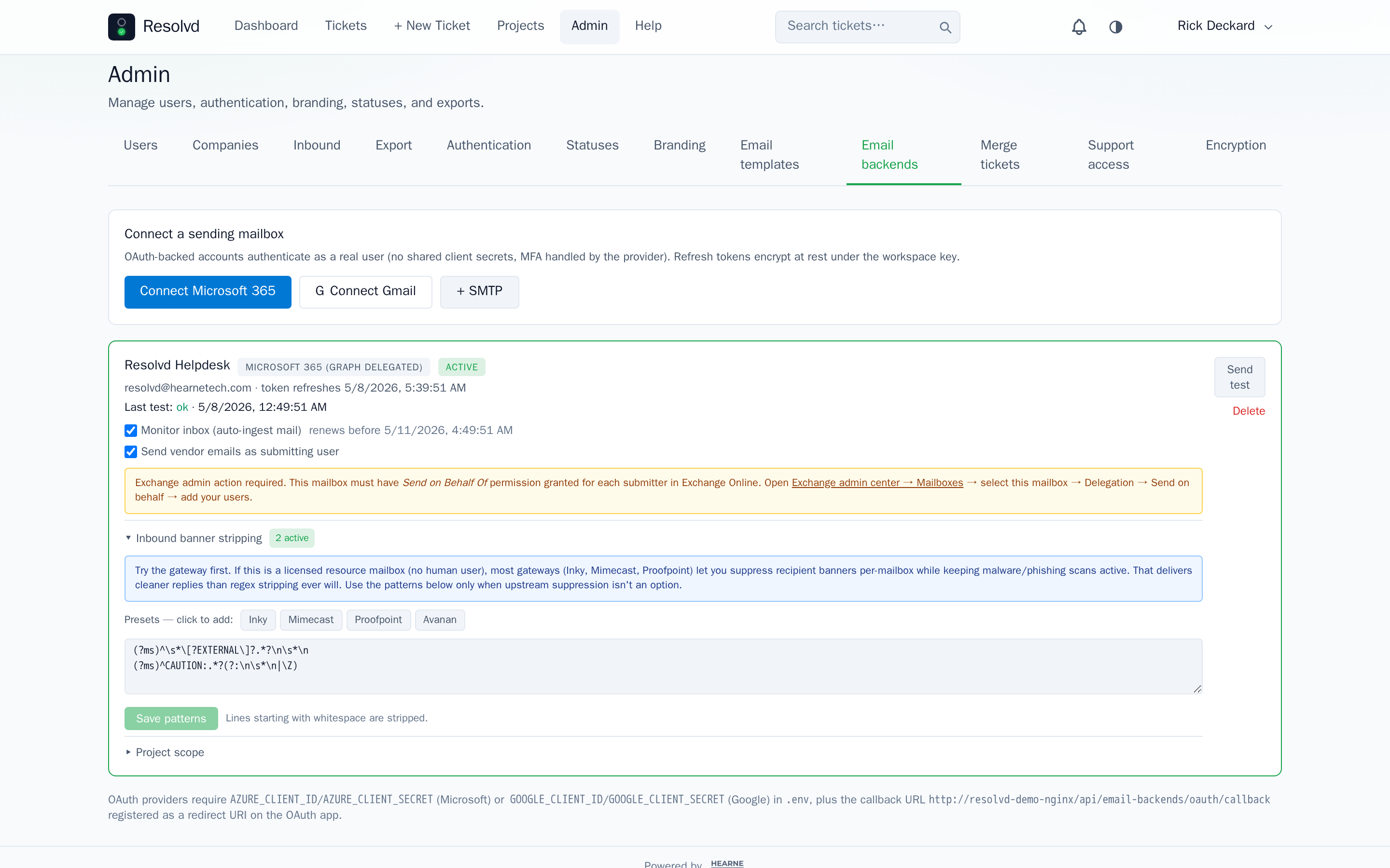 Inbound banner stripping panel — preset buttons for Inky, Mimecast, Proofpoint, Avanan above a multi-line regex textarea, with the gateway-first guidance highlighted.