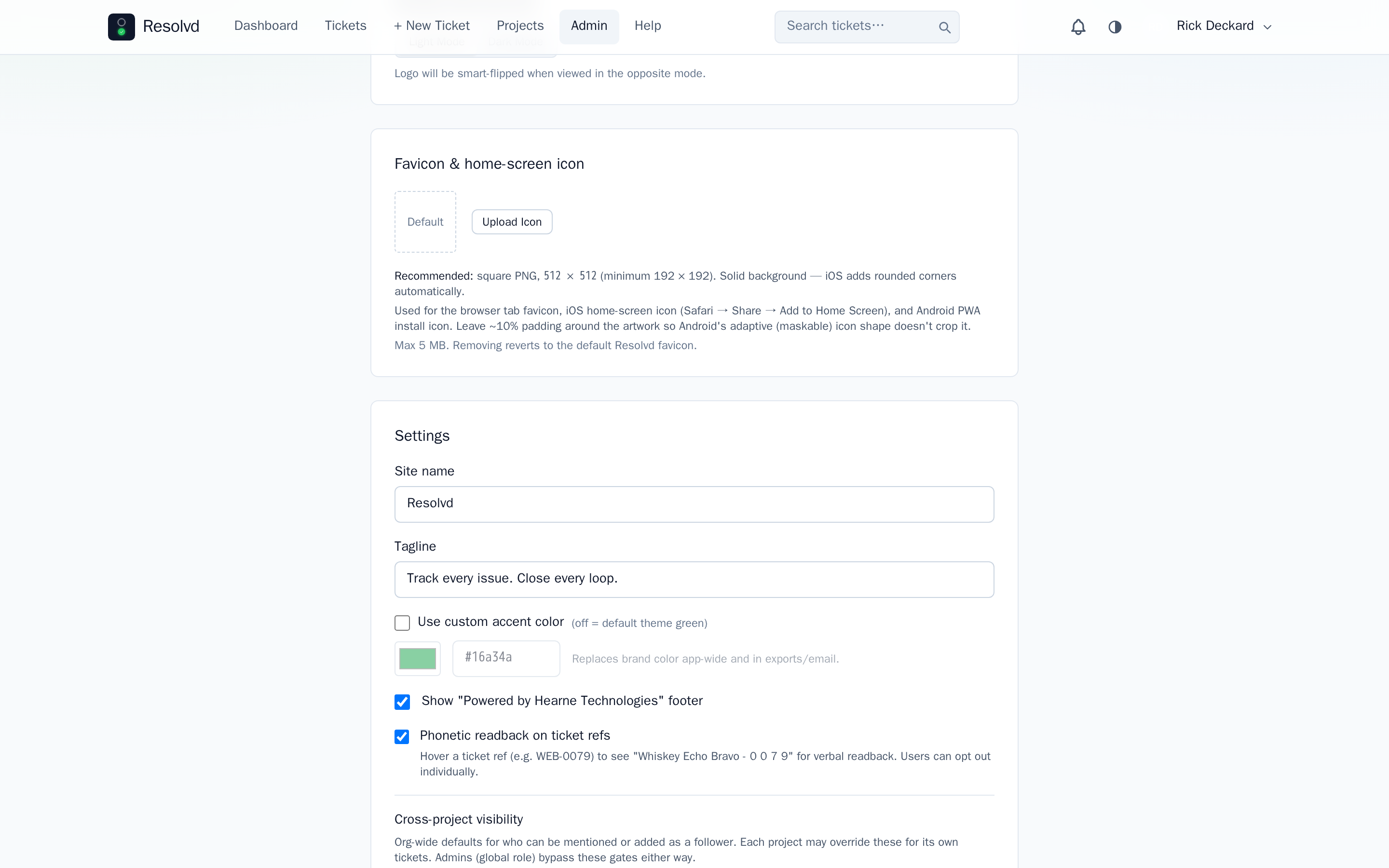 Admin → Branding, Cross-project visibility section. Org-wide defaults for restricting @mentions and the follower picker to project members, sitting above the localization (date/time/timezone) controls.