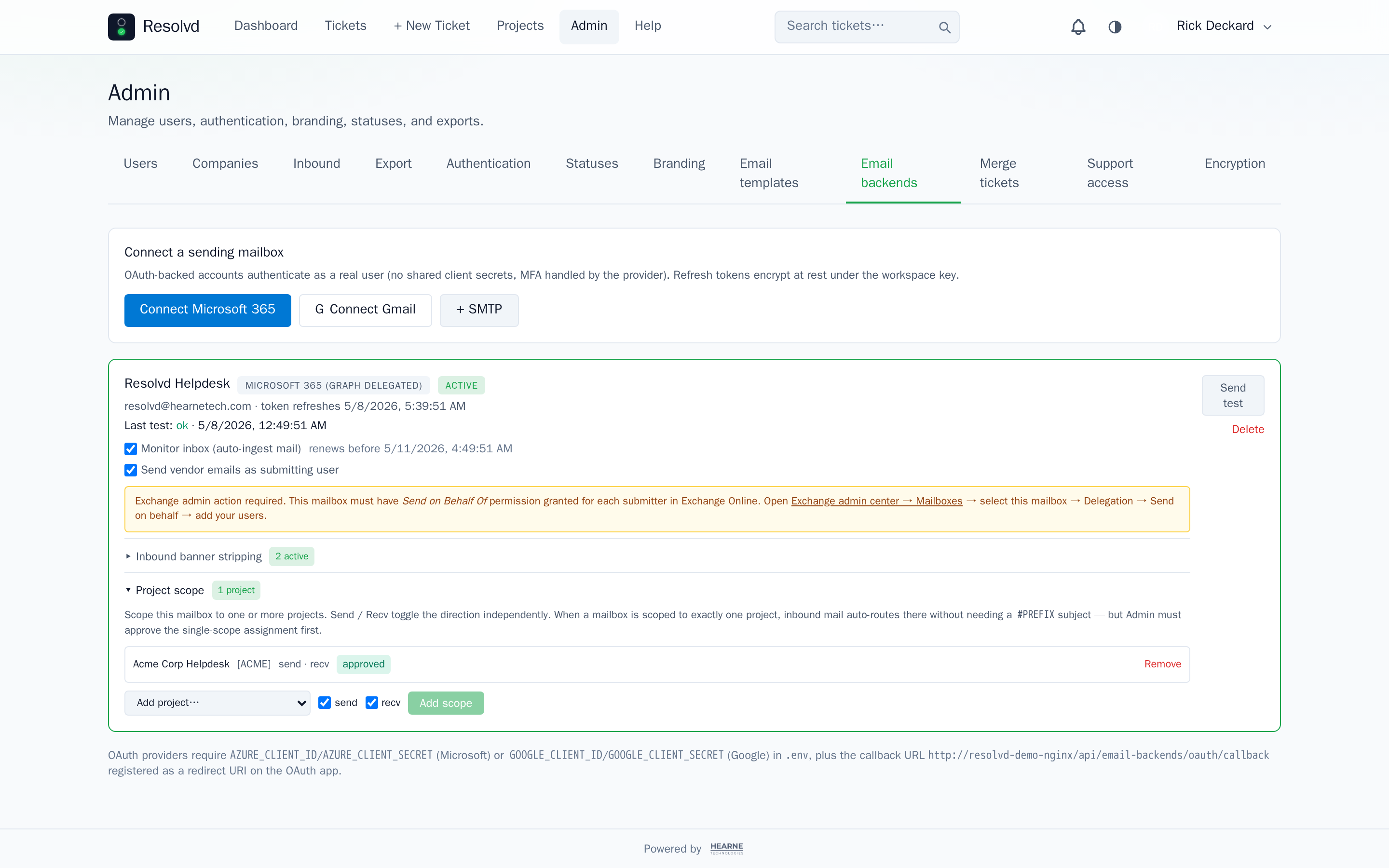 Admin → Email backends with the Project scope panel expanded — HearneTech (HT) scoped with both send + recv enabled, an approved badge, and the Add-project picker for adding more scopes.