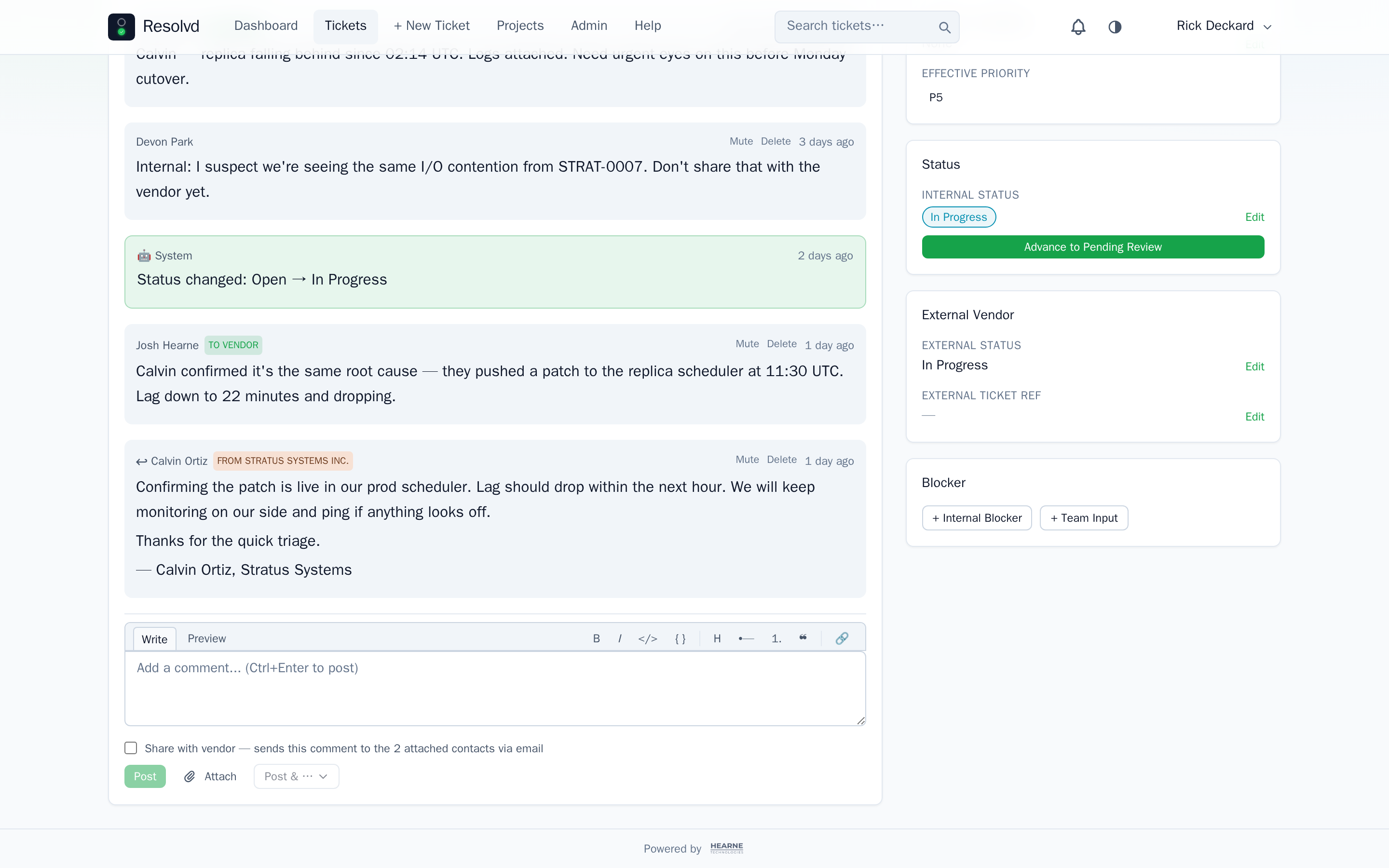 STRAT-0001 thread with a vendor reply from Calvin Ortiz tagged FROM STRATUS SYSTEMS INC. in the deterministic per-vendor color, contrasting the brand-green TO VENDOR pill on staff comments above.