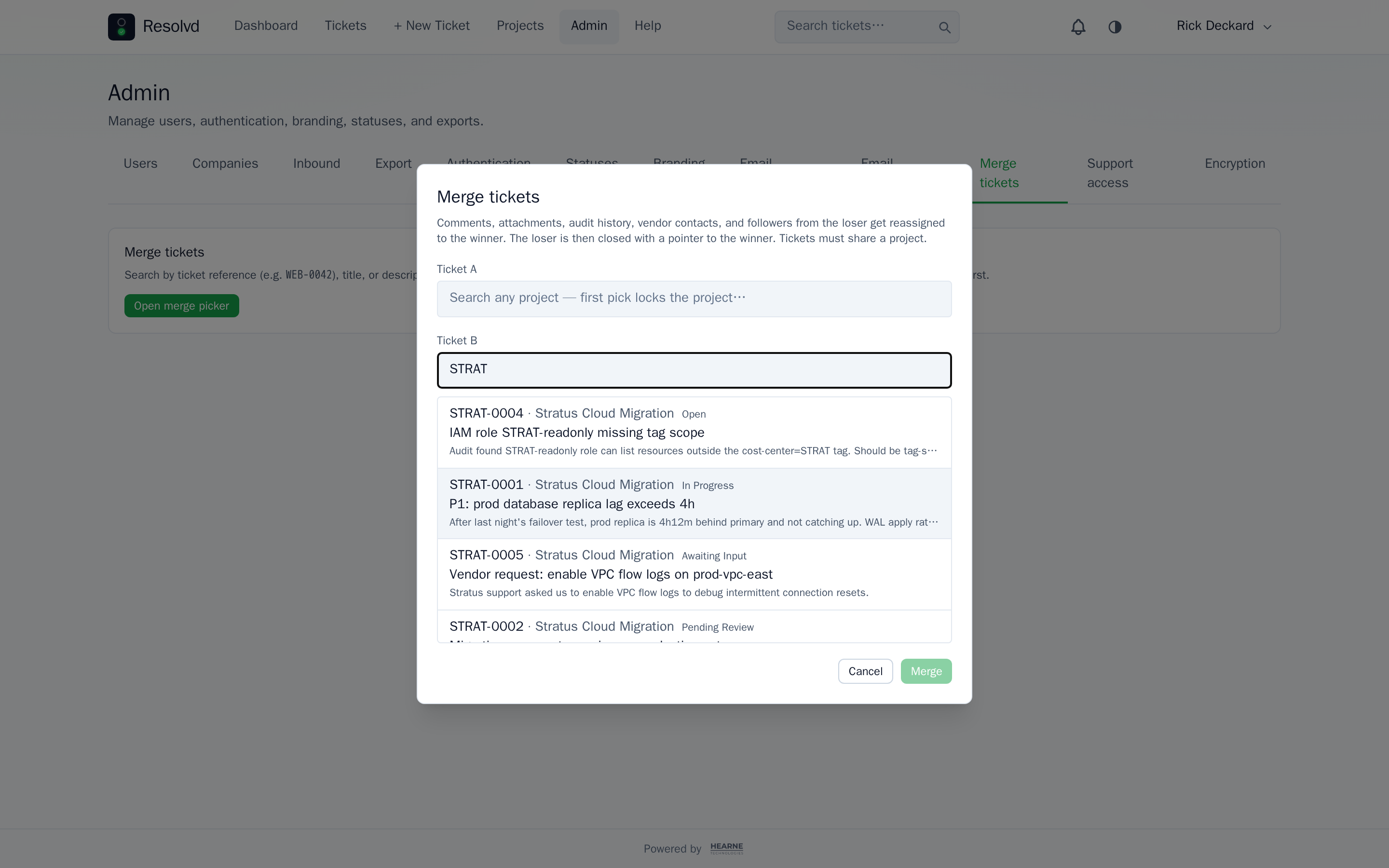 Admin → Merge tickets dialog. Two slots A/B; slot B with "STRAT" typed shows live results from the Stratus Cloud Migration project — title, description preview, and external status — ranked by match.