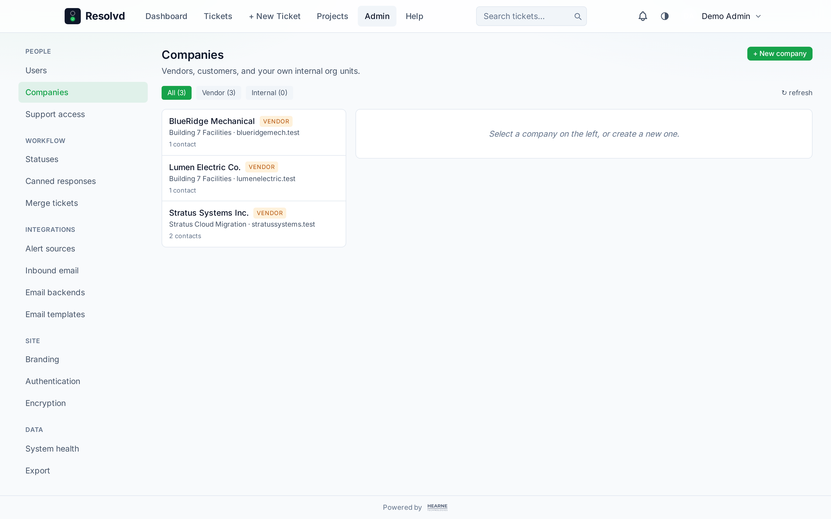 Admin → Companies in master-detail layout — left list filtered to "Internal" kind, right pane showing Members + Locations tabs with auto-add domains chip list.
