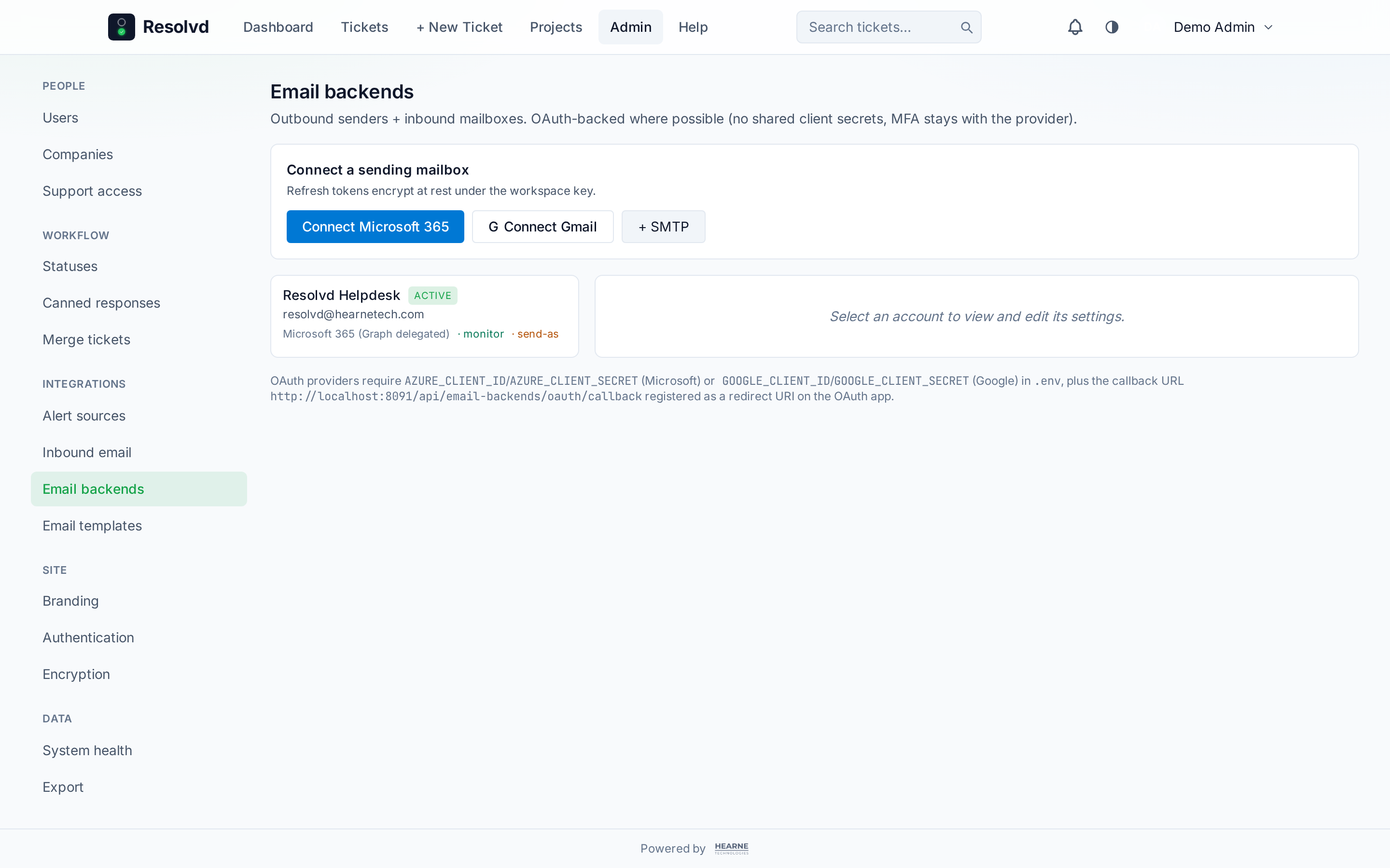Admin layout — sticky left-rail nav grouped People/Workflow/Integrations/Site/Data, master-detail pane on the right showing Email backends with one account selected.