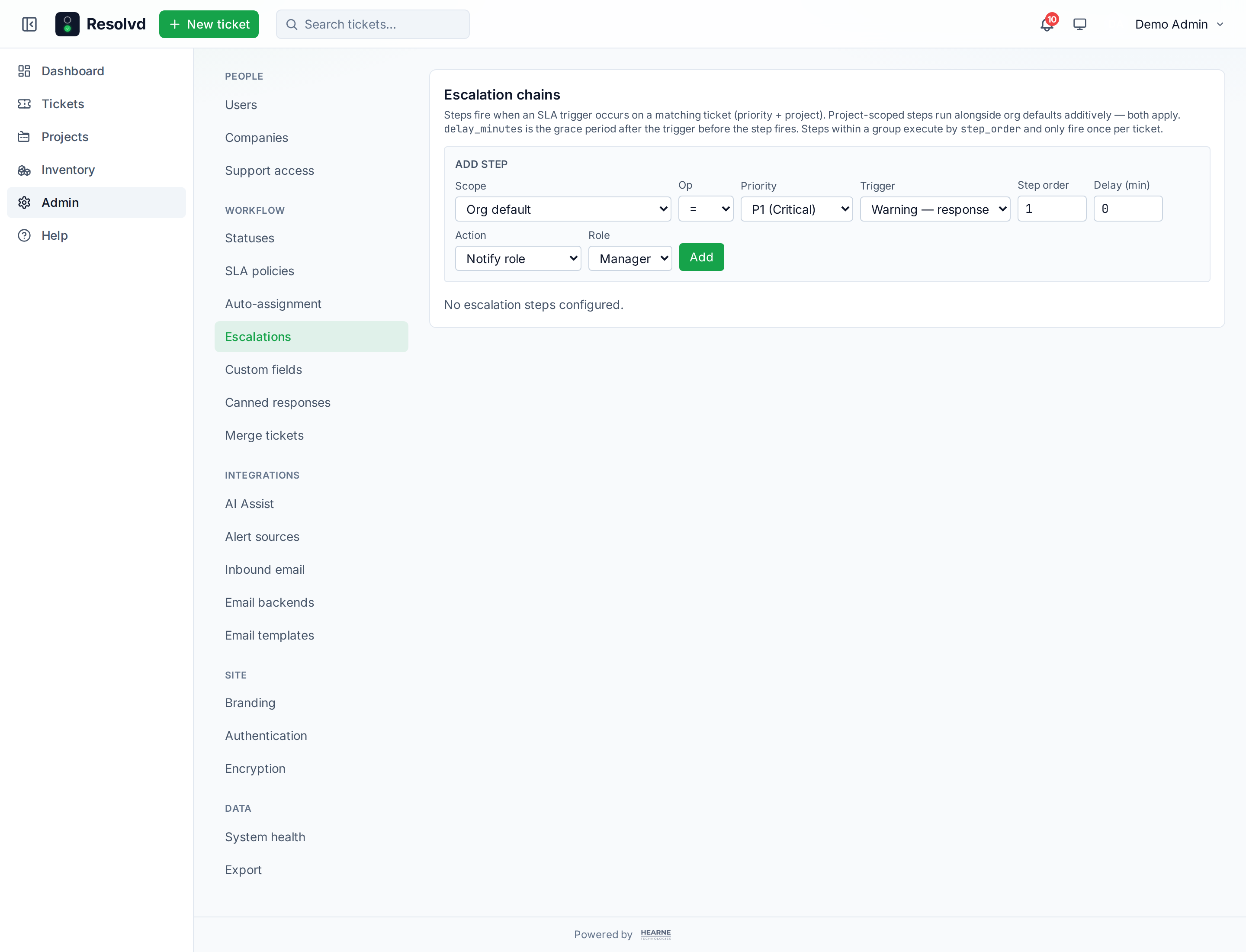SLA escalation config